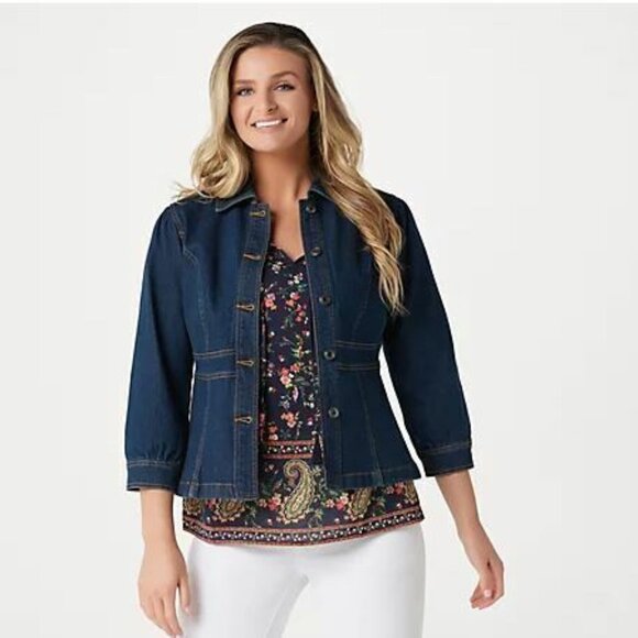 Du Jour Denim Jacket w/ Puff Sleeves A367044 Dark Indigo Plus 28W - Picture 1 of 5